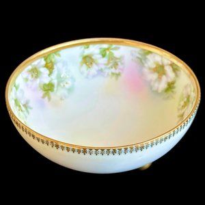 Antique Royal Rudolstadt Hand Painted White Floral & Gold Tri-Footed Bowl F HAHN